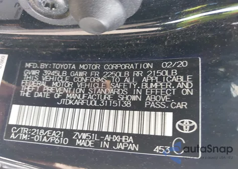2020 Toyota Prius Limited z USA, uszkodzony, nr VIN JTDKARFU0L3115138